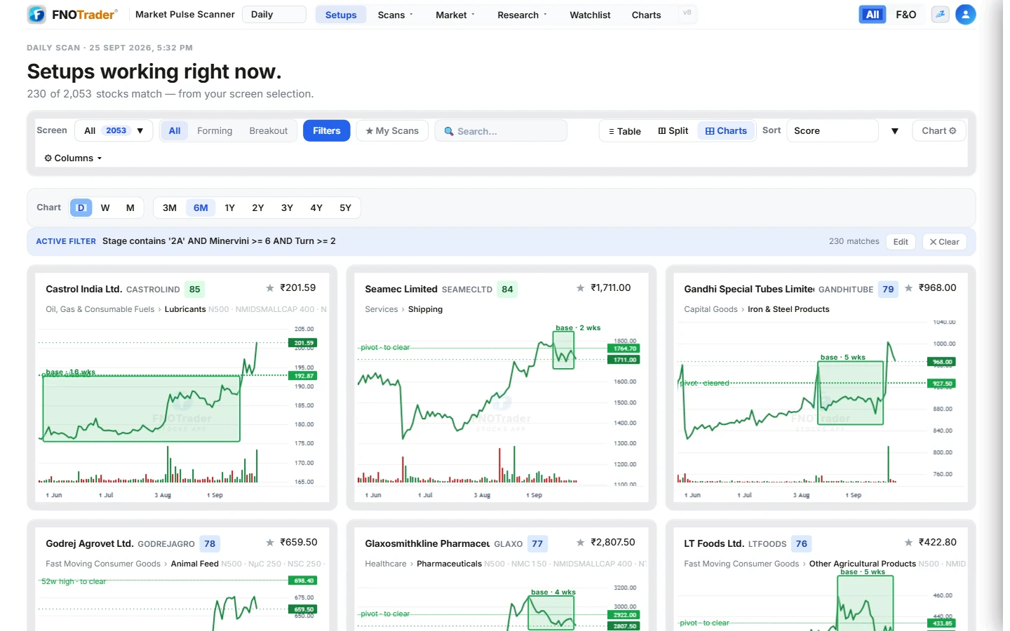 Stocks Screener: setups grid with tagged stocks, charts and relative-strength stats