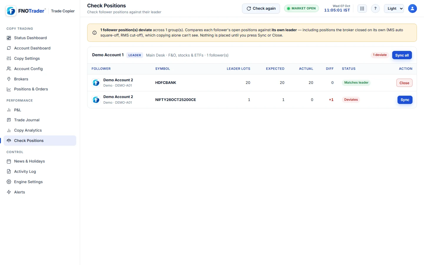 Trade Copier Check Positions screen